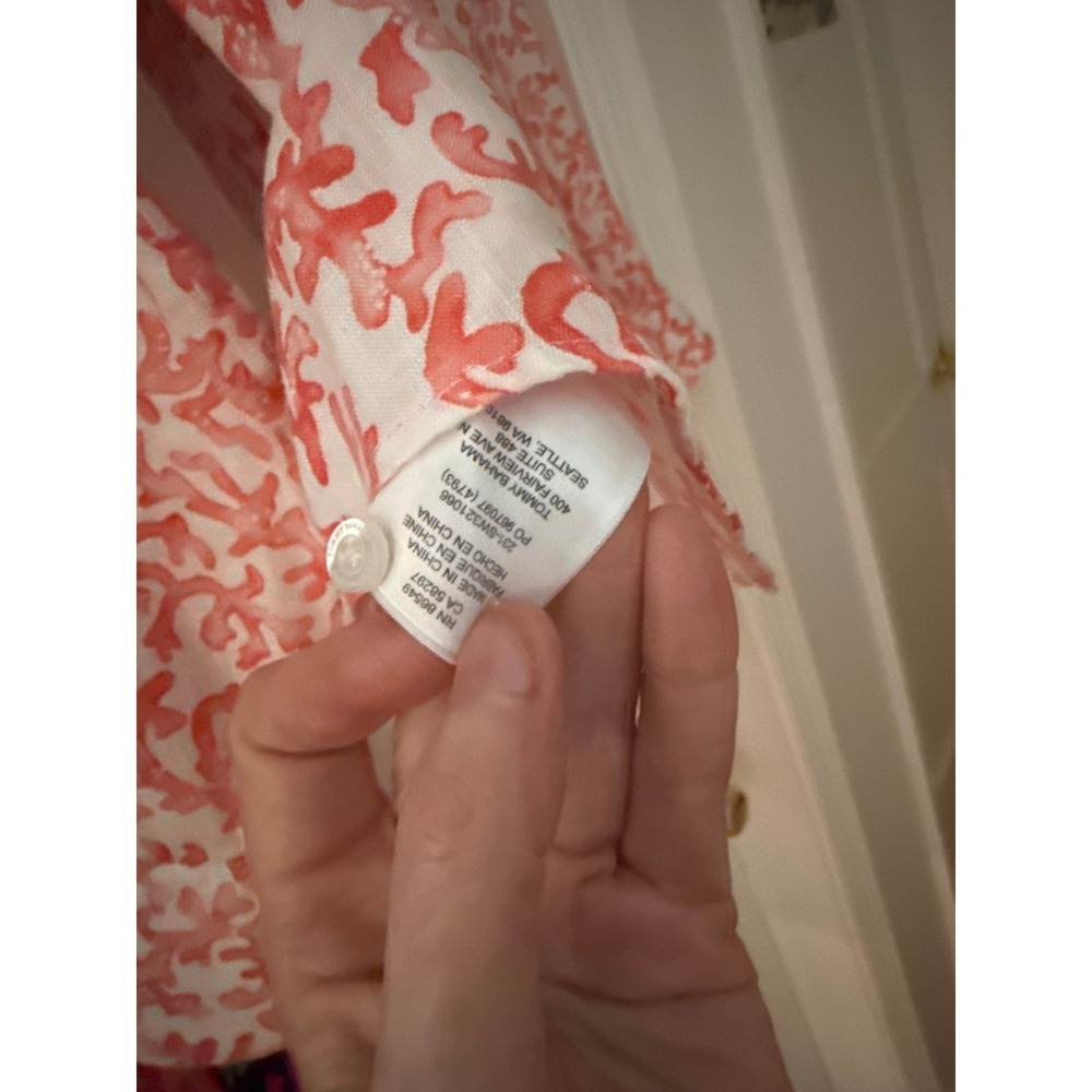Tommy Bahama Womens Large Linen Blend Coral Reef Print Button Up Shirt Orange. L - Picture 6 of 12